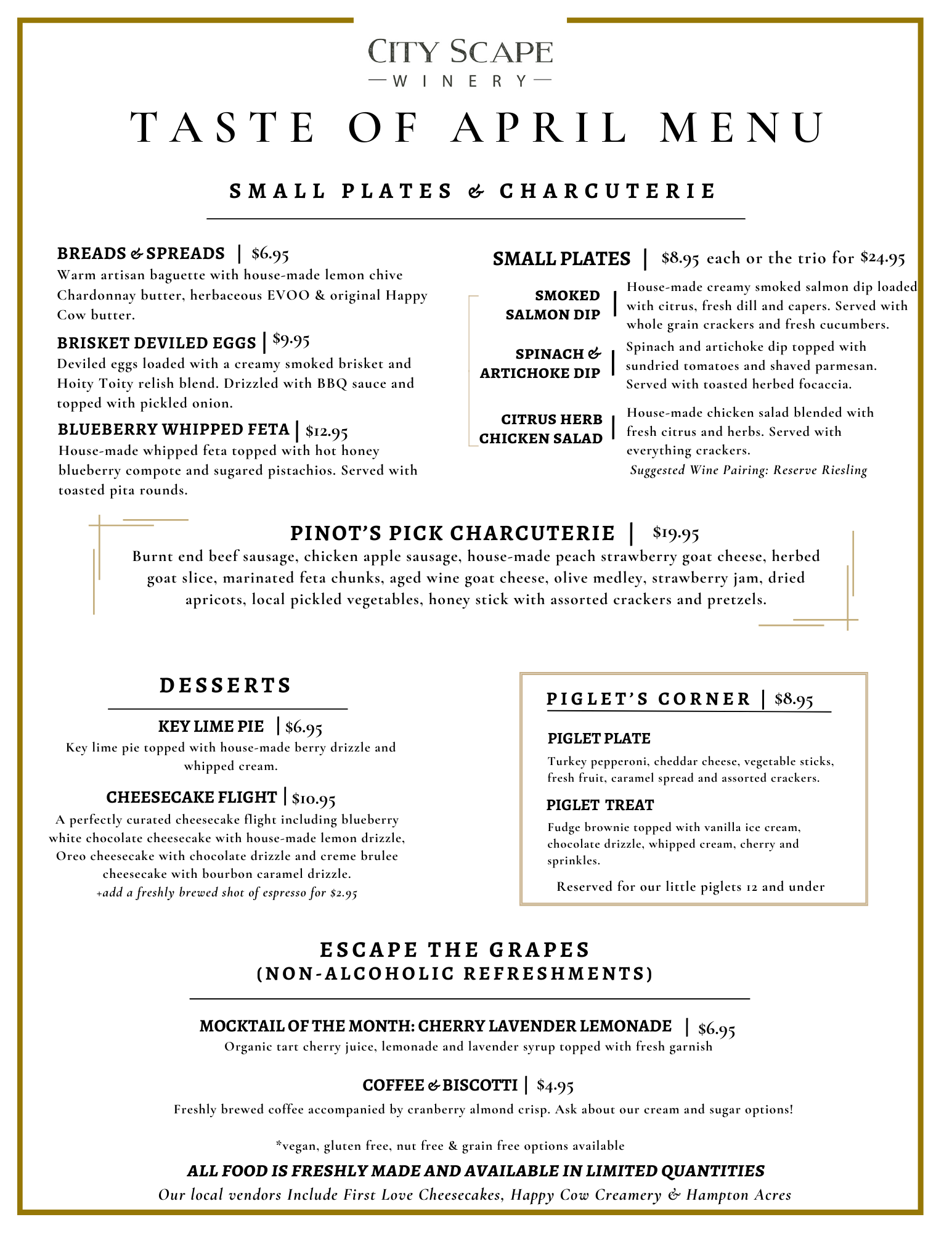April Tasting Room Menu